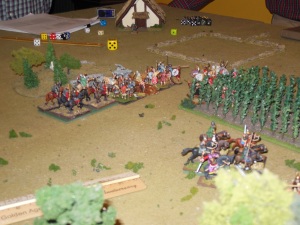 Garrie's peasants being hit from behind by Saxon cavalry.