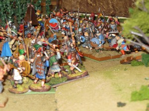 British peasants and elite soldiers meet head on with Saxon soldiers on turn 4